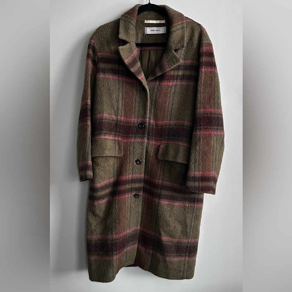Norse Projects Sarah Checked Wool in Sitka Green, Size 36